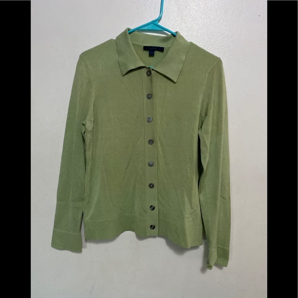 Boden 100% Silk Button Front Cardigan Blouse Size 14 Green